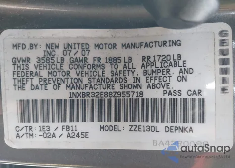 2008 Toyota Corolla Le from USA, damaged, VIN 1NXBR32E88Z955718